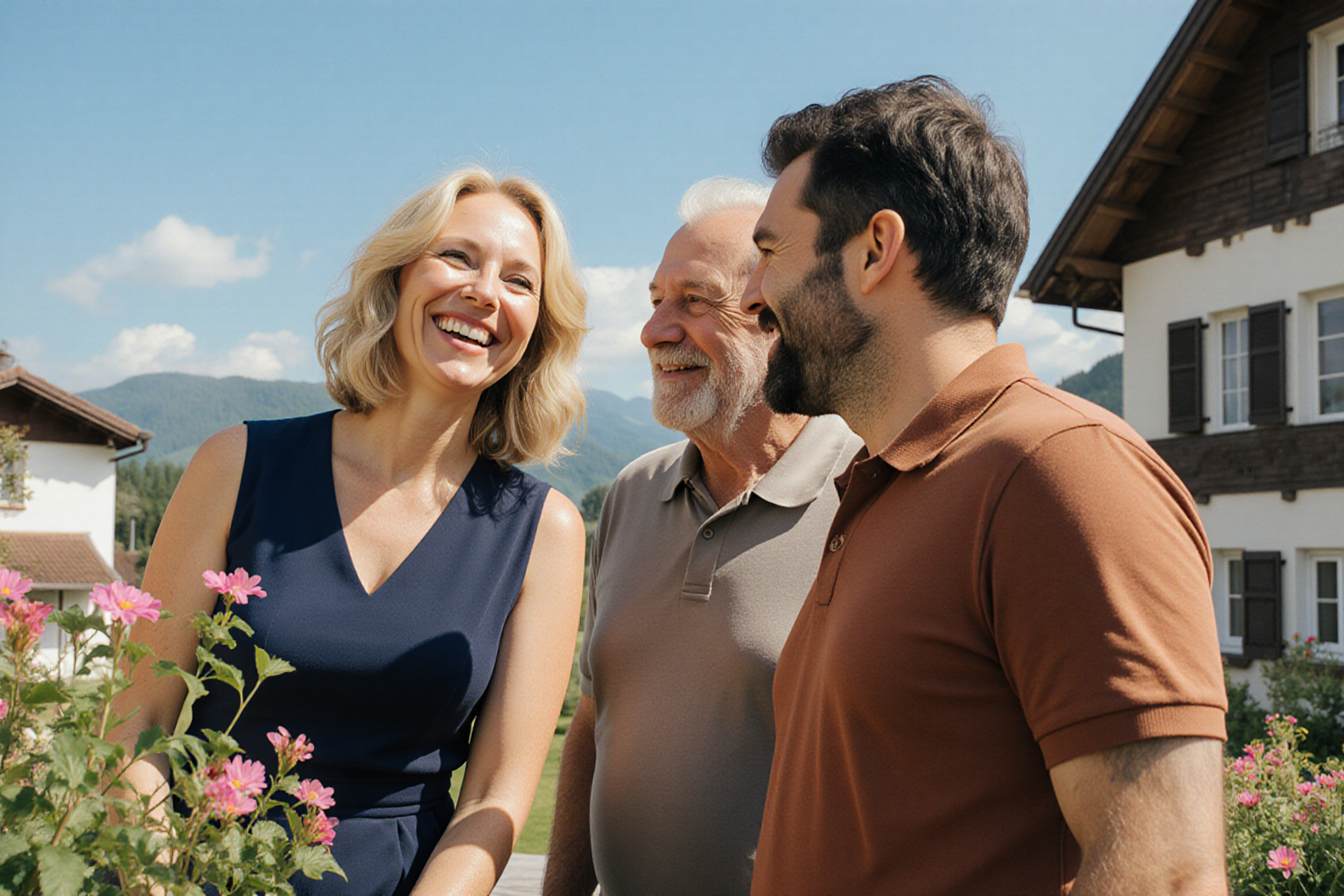 freundliche echte Freude bei Gartenbesichtigung, helle kräftige natürliche Farben, normale österreichische Häuser und vollständige Köpfe